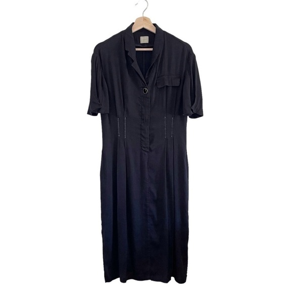 Frontrow Maison Marais Sablier Linen Blend Pleated Midi Shirt Dress Navy Small - Picture 5 of 16